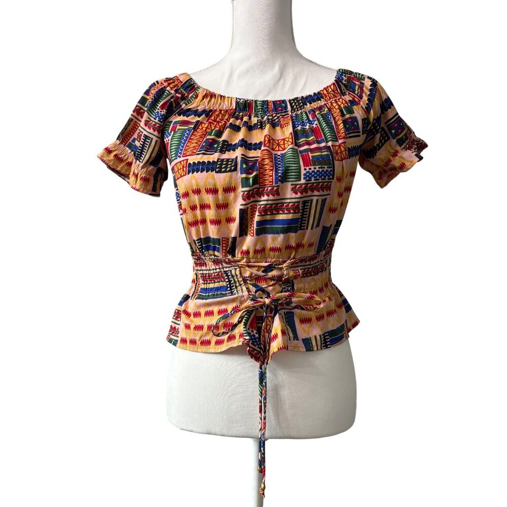Colorful Tribal Print Vintage-Inspired Off-Shoulder Crop Short Sleeve Top Size S